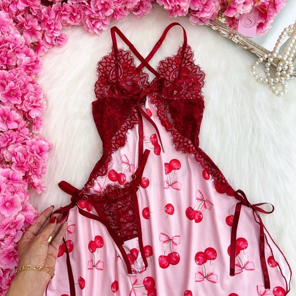 Cherry-Print Satin Chemise with Red Lace Trim